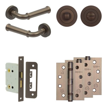 Complete Classic Door Handle Pack - Bathroom Lock (Standard Thumb Turn) - Dark Bronze - 76mm / 4-inch Hinges - JE-A6A3-DB