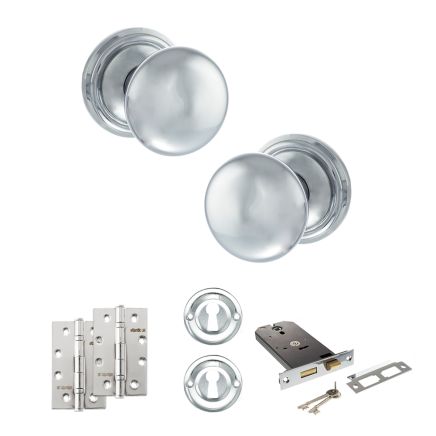 Old English Harrogate Door Knob Pack (Lock Set - Horizontal Sashlock, 4" Slim Knuckle Hinges x2) - Polished Chrome