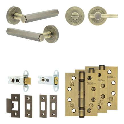 Complete Hex Door Handle Pack - Heavy Duty Tubular Bathroom (Plain Thumb Turn) - Antique Brass - 64mm / 4-inch Hinges - JE-C30A2-AB