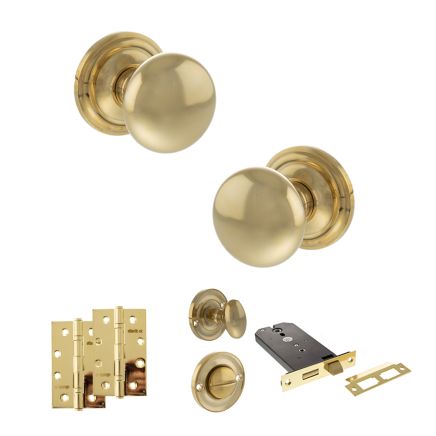 Old English Harrogate Door Knob Pack (Lock Set - Horizontal Bathlock, 4" Slim Knuckle Hinges x2) - Raw Brass