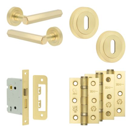 Complete Hex Door Handle Pack - Sashlock - Satin Brass - 76mm / 3-inch Hinges - JE-C8B8-SB