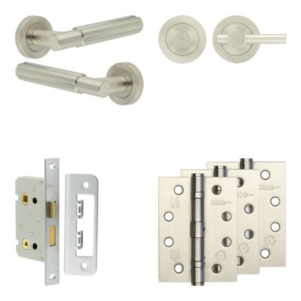 Complete Bloom Door Handle Pack - Bathroom Lock (Plain Thumb Turn) - Satin Nickel - 65mm / 4-inch Hinges - JE-B5A2-SN