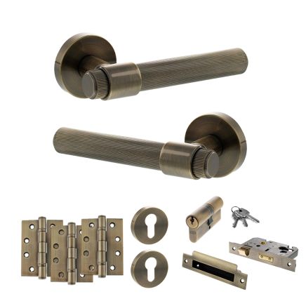 Senza Pari Fasana Door Handle Pack (Euro Lock Set - 3" CE Sashlock, 4" Fire Rated Hinges x3) - Antique Brass
