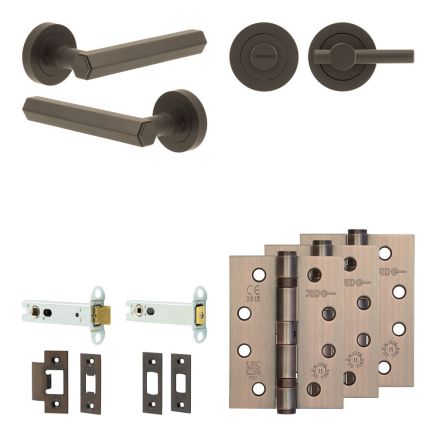 Complete Hex Door Handle Pack - Heavy Duty Tubular Bathroom (Plain Thumb Turn) - Dark Bronze - 102mm / 4-inch Hinges - JE-C32A2-DB