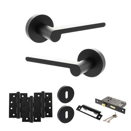 Senza Pari Darrio Door Handle Pack (3 Lever Lock Set - 3" CE Sashlock, 4" Fire Rated Hinges x3) - Matt Black