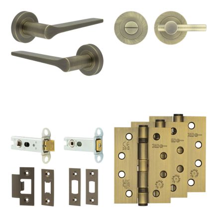 Complete Gio Door Handle Pack - Heavy Duty Tubular Bathroom (Plain Thumb Turn) - Antique Brass - 76mm / 4-inch Hinges - JE-E31A2-AB