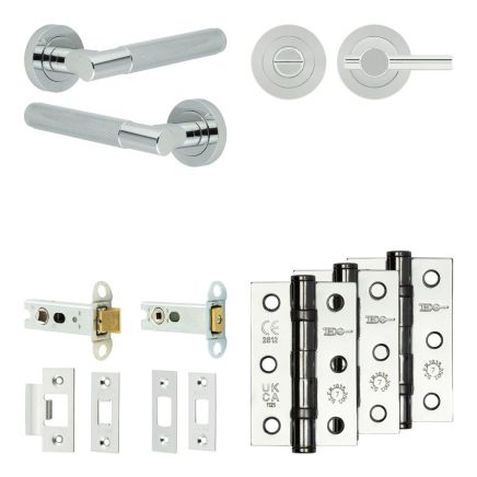 Complete Bari Door Handle Pack - Heavy Duty Tubular Bathroom (Plain Thumb Turn) - Polished Chrome - 76mm / 3-inch Hinges - JE-D31B2-PC