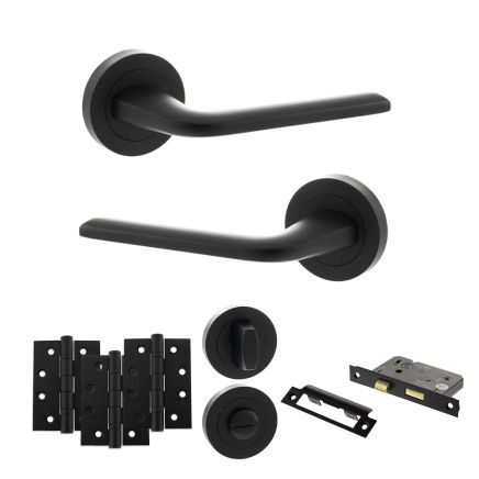 Eco Surf Door Handle Pack (Bathroom Set - 2.5" CE Bathroom Lock, 4" Fire Rated Hinges x3) - Matt Black