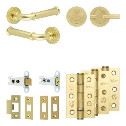 Complete Classic Door Handle Pack - Heavy Duty Tubular Bathroom (Plain Thumb Turn) - Satin Brass - 64mm / 3-inch Hinges - JE-A30B2-SB