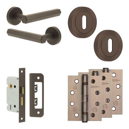 Complete Hex Door Handle Pack - Sashlock - Dark Bronze - 65mm / 4-inch Hinges - JE-C7A8-DB