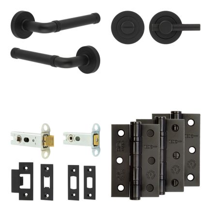 Complete Midtown Door Handle Pack - Heavy Duty Tubular Bathroom (Knurled Thumb Turn) - Matt Black - 76mm / 3-inch Hinges - JE-G31B1-MB