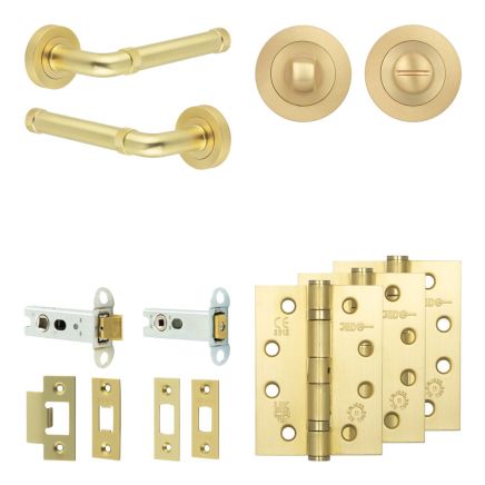 Complete Midtown Door Handle Pack - Heavy Duty Tubular Bathroom (Standard Thumb Turn) - Satin Brass - 76mm / 4-inch Hinges - JE-G31A3-SB