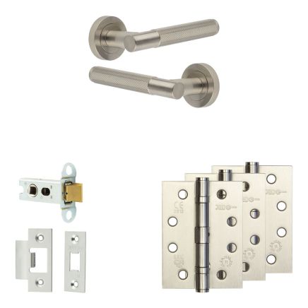 Complete Bari Door Handle Pack - Heavy Duty Latch - Satin Nickel - 64mm / 4-inch Hinges - JE-D20A-SN
