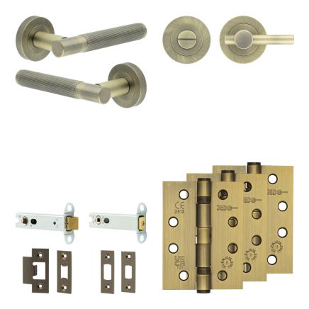 Complete Venice Door Handle Pack - Heavy Duty Tubular Bathroom (Plain Thumb Turn) - Antique Brass - 102mm / 4-inch Hinges - JE-F32A2-AB