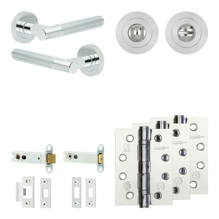 Complete Venice Door Handle Pack - Heavy Duty Tubular Bathroom (Standard Thumb Turn) - Polished Chrome - 102mm / 4-inch Hinges - JE-F32A3-PC