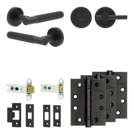 Complete Venice Door Handle Pack - Heavy Duty Tubular Bathroom (Plain Thumb Turn) - Matt Black - 76mm / 4-inch Hinges - JE-F31A2-MB