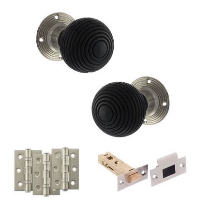 Old English Whitby Door Knob Pack (Latch Set - 3" HD Latch, 3" Fire Rated Hinges x3) - Satin Nickel