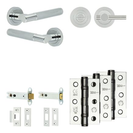 Complete Bari Door Handle Pack - Heavy Duty Tubular Bathroom (Knurled Thumb Turn) - Polished Chrome - 102mm / 3-inch Hinges - JE-D32B1-PC