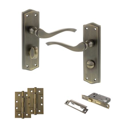Old English Warwick Door Handle Pack (Bathroom Set - 2.5" CE Bathroom Lock, 4" Slim Knuckle Hinges x2) - Matt Antique Brass