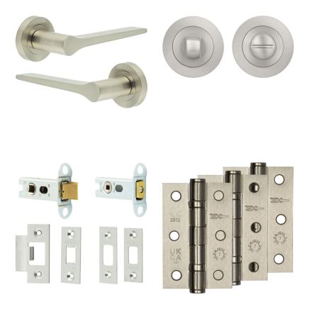 Complete Gio Door Handle Pack - Heavy Duty Tubular Bathroom (Standard Thumb Turn) - Satin Nickel - 64mm / 3-inch Hinges - JE-E30B3-SN