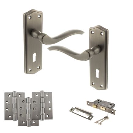 Old English Warwick Door Handle Pack (3 Lever Lock Set - 2.5" CE Sashlock, 4" Fire Rated Hinges x3) - Matt Gun Metal