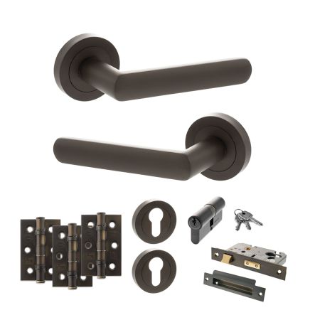 STATUS Carolina Door Handle Pack (Euro Lock Set - 3" CE Sashlock, 3" Fire Rated Hinges x3) - Urban Dark Bronze