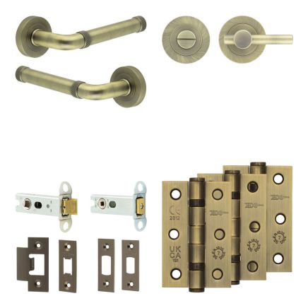 Complete Midtown Door Handle Pack - Heavy Duty Tubular Bathroom (Plain Thumb Turn) - Antique Brass - 76mm / 3-inch Hinges - JE-G31B2-AB