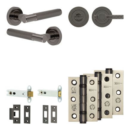 Complete Bari Door Handle Pack - Heavy Duty Tubular Bathroom (Knurled Thumb Turn) - Black Nickel - 102mm / 3-inch Hinges - JE-D32B1-BN