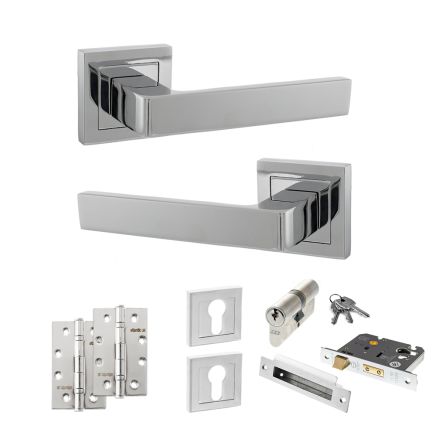 STATUS Montana Door Handle Pack (Euro Lock Set - 3" CE Sashlock, 4" Slim Knuckle Hinges x2) - Polished Chrome
