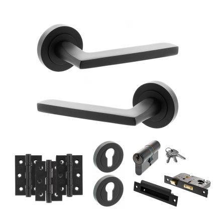 STATUS Alaska Door Handle Pack (Euro Lock Set - 2.5" CE Sashlock, 3" Fire Rated Hinges x3) - Matt Black