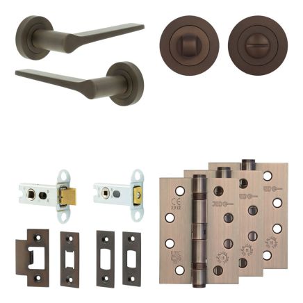 Complete Gio Door Handle Pack - Heavy Duty Tubular Bathroom (Standard Thumb Turn) - Dark Bronze - 64mm / 4-inch Hinges - JE-E30A3-DB