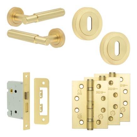 Complete Bloom Door Handle Pack - Sashlock - Satin Brass - 76mm / 4-inch Hinges - JE-B8A8-SB