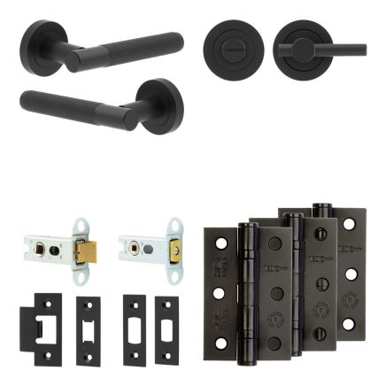 Complete Venice Door Handle Pack - Heavy Duty Tubular Bathroom (Plain Thumb Turn) - Matt Black - 64mm / 3-inch Hinges - JE-F30B2-MB
