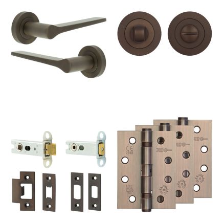 Complete Gio Door Handle Pack - Heavy Duty Tubular Bathroom (Standard Thumb Turn) - Dark Bronze - 76mm / 4-inch Hinges - JE-E31A3-DB