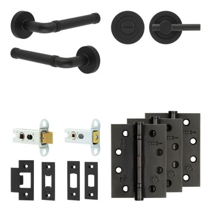 Complete Midtown Door Handle Pack - Heavy Duty Tubular Bathroom (Plain Thumb Turn) - Matt Black - 64mm / 4-inch Hinges - JE-G30A2-MB