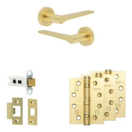 Complete Gio Door Handle Pack - Heavy Duty Latch - Satin Brass - 64mm / 4-inch Hinges - JE-E20A-SB