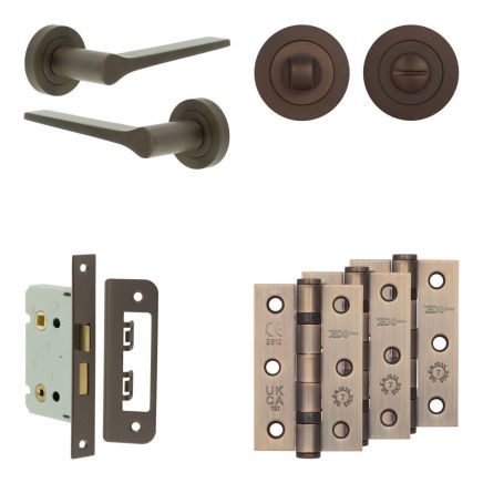 Complete Gio Door Handle Pack - Bathroom Lock (Standard Thumb Turn) - Dark Bronze - 65mm / 3-inch Hinges - JE-E5B3-DB