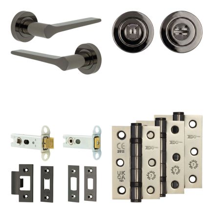 Complete Gio Door Handle Pack - Heavy Duty Tubular Bathroom (Standard Thumb Turn) - Black Nickel - 76mm / 3-inch Hinges - JE-E31B3-BN