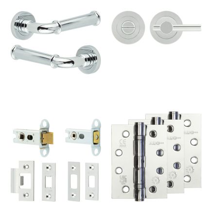Complete Classic Door Handle Pack - Heavy Duty Tubular Bathroom (Plain Thumb Turn) - Polished Chrome - 64mm / 4-inch Hinges - JE-A30A2-PC