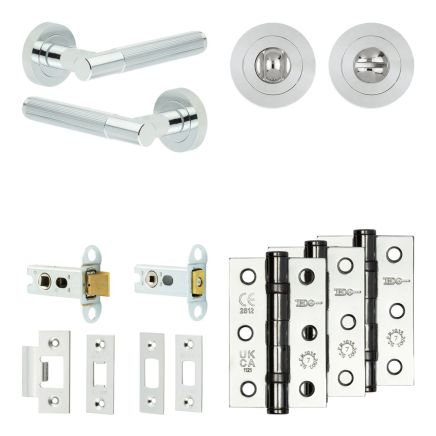 Complete Venice Door Handle Pack - Heavy Duty Tubular Bathroom (Standard Thumb Turn) - Polished Chrome - 64mm / 3-inch Hinges - JE-F30B3-PC