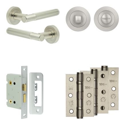Complete Venice Door Handle Pack - Bathroom Lock (Standard Thumb Turn) - Satin Nickel - 76mm / 3-inch Hinges - JE-F6B3-SN
