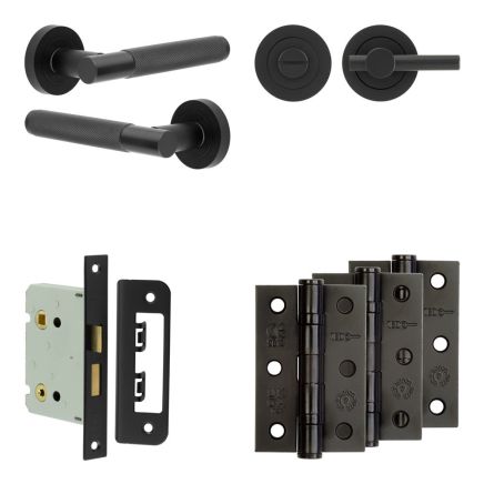 Complete Bari Door Handle Pack - Bathroom Lock (Plain Thumb Turn) - Matt Black - 76mm / 3-inch Hinges - JE-D6B2-MB