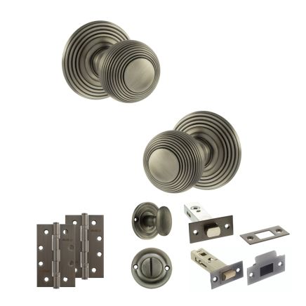 Old English Ripon Door Knob Pack (Bathroom Set - 3" Deadbolt, 4" Slim Knuckle Hinges x2) - Matt Gun Metal