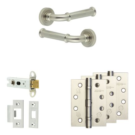 Complete Classic Door Handle Pack - Heavy Duty Latch - Satin Nickel - 76mm / 4-inch Hinges - JE-A21A-SN