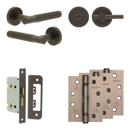 Complete Venice Door Handle Pack - Bathroom Lock (Plain Thumb Turn) - Dark Bronze - 65mm / 4-inch Hinges - JE-F5A2-DB