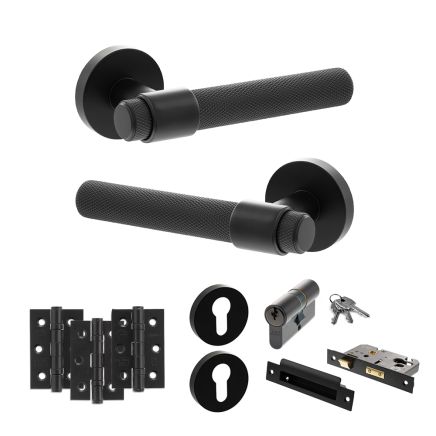 Senza Pari Andretta Door Handle Pack (Euro Lock Set - 2.5" CE Sashlock, 3" Fire Rated Hinges x3) - Matt Black