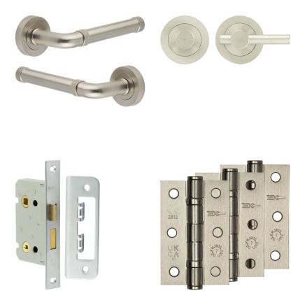 Complete Midtown Door Handle Pack - Bathroom Lock (Plain Thumb Turn) - Satin Nickel - 65mm / 3-inch Hinges - JE-G5B2-SN