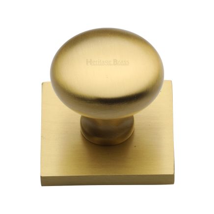 Heritage Brass Cabinet Knob Victorian Round Design with Square Backplate 32mm Satin Brass finish
