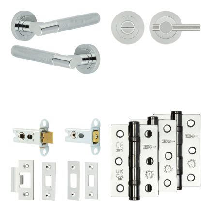 Complete Bari Door Handle Pack - Heavy Duty Tubular Bathroom (Knurled Thumb Turn) - Polished Chrome - 64mm / 3-inch Hinges - JE-D30B1-PC