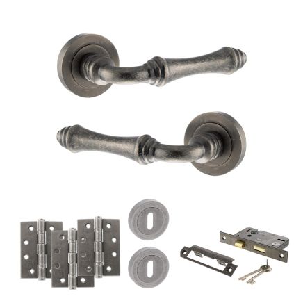 Old English Durham Door Handle Pack (3 Lever Lock Set - 3" CE Sashlock, 4" Fire Rated Hinges x3) - Distressed Silver